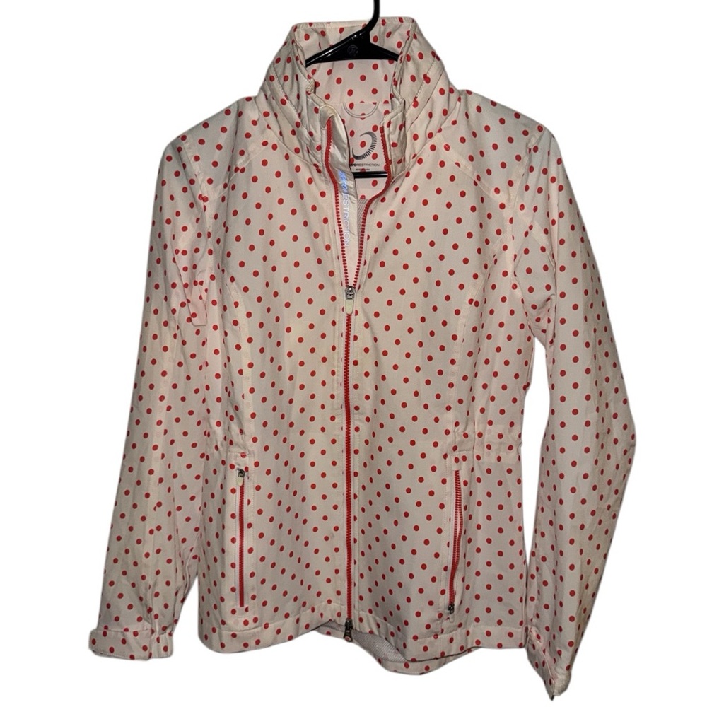 WOMENS ZERO RESTRICTION WHITE RED POLKA DOT WINDBREAKER JACKET SIZE XS EUC